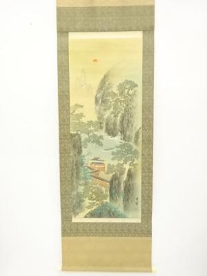 中国　竹窓筆　彩色山水　肉筆絹本掛軸